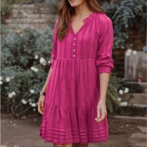 J. Jill Vibrant Pink Tiered Button-Front Knee-Length 3/4 Sleeve Dress sz XS